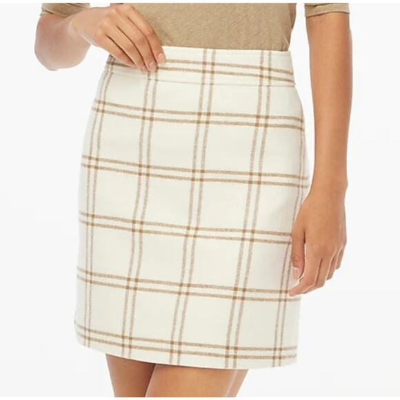 J. Crew Plaid Wool Blend A Line Mini Skirt Ivory Camel Cream Brown Medium 10 - Picture 1 of 10